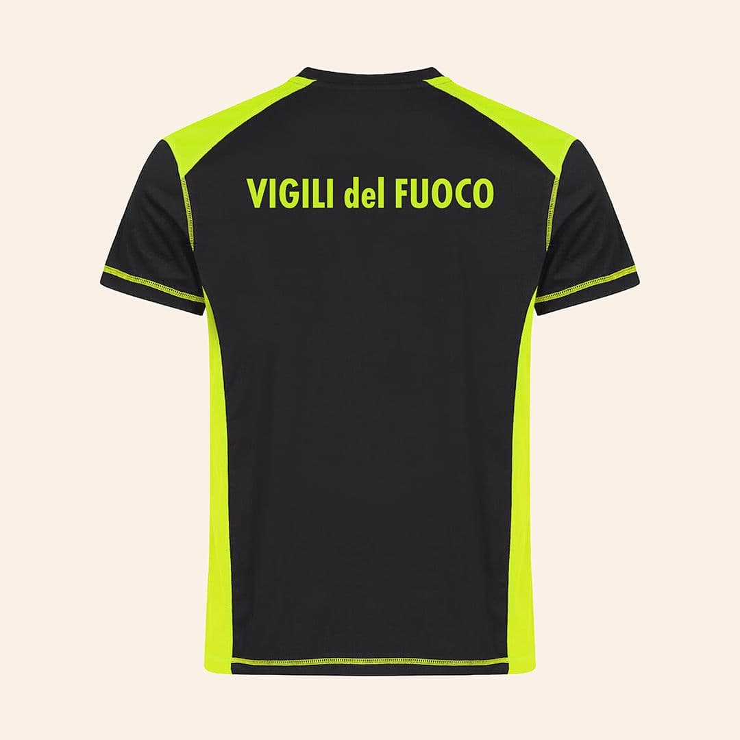 T-shirt nera con inserto giallo fluo stampata
