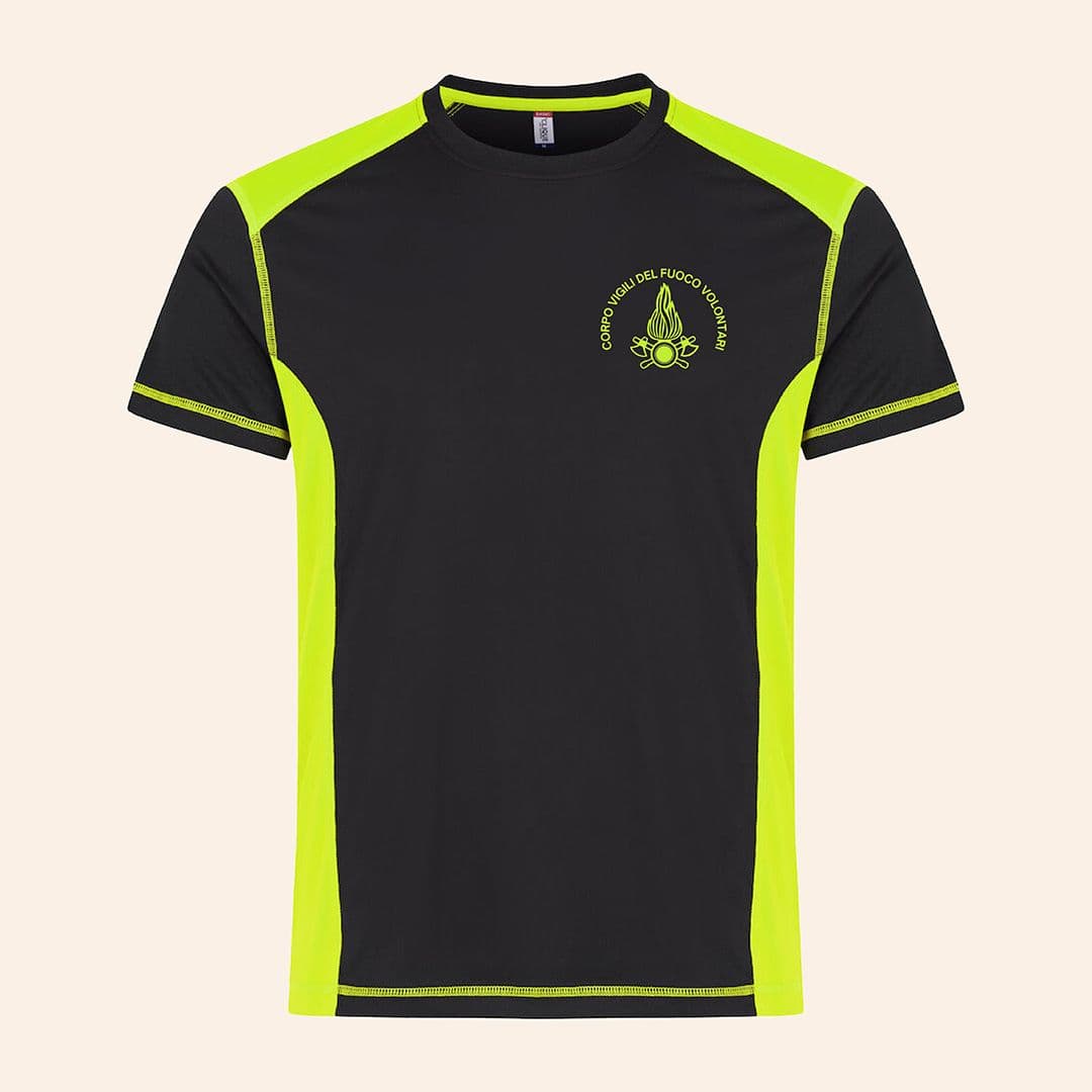 T-shirt nera con inserto giallo fluo stampata