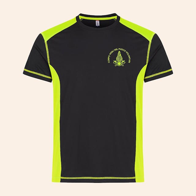 T-shirt nera con inserto giallo fluo stampata 